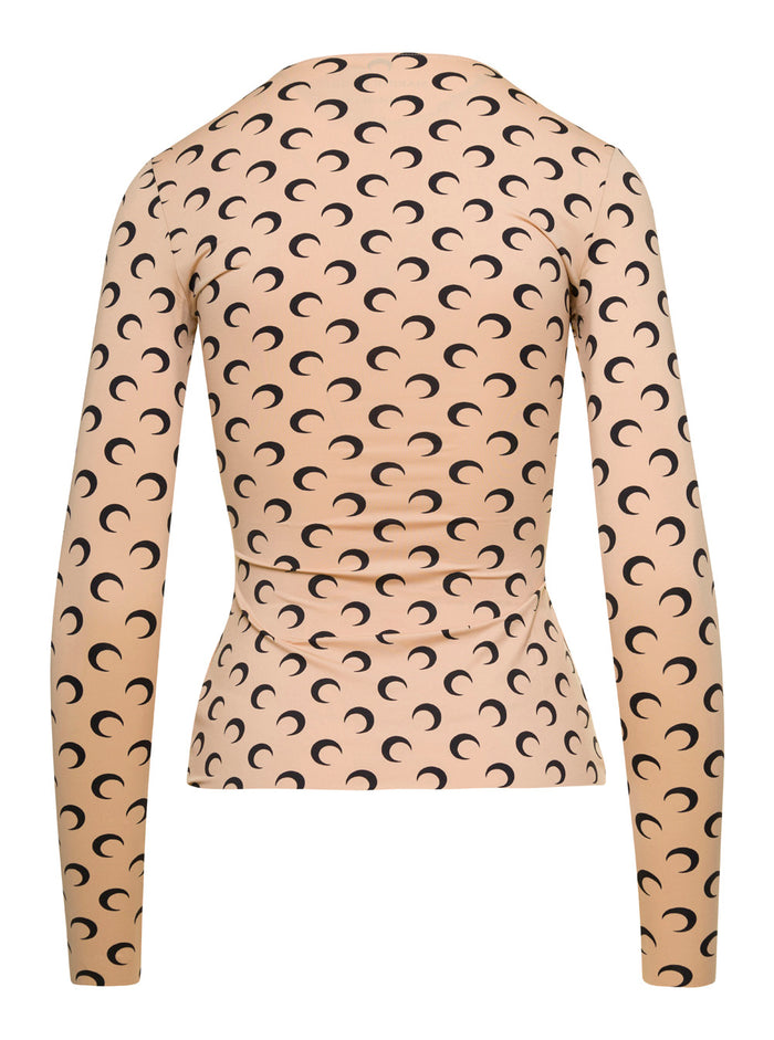 T-Shirt Crescent Moon Beige with All-Over Print in Tech Fabric Stretch Women Polyamide Elastane Tops
