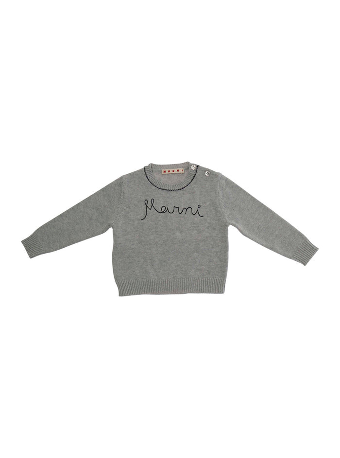 Crew Neck Sweater MARNI KIDS with Logo Lettering Embroidery on the Front in Baby Grey Cotton Jersey