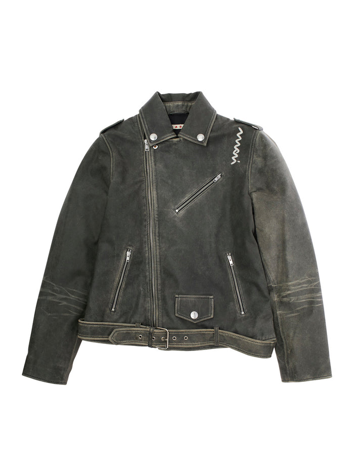 MARNI Black Jacket with Vintage Effect and Logo on Front in Leather for Kids Goat Blazers