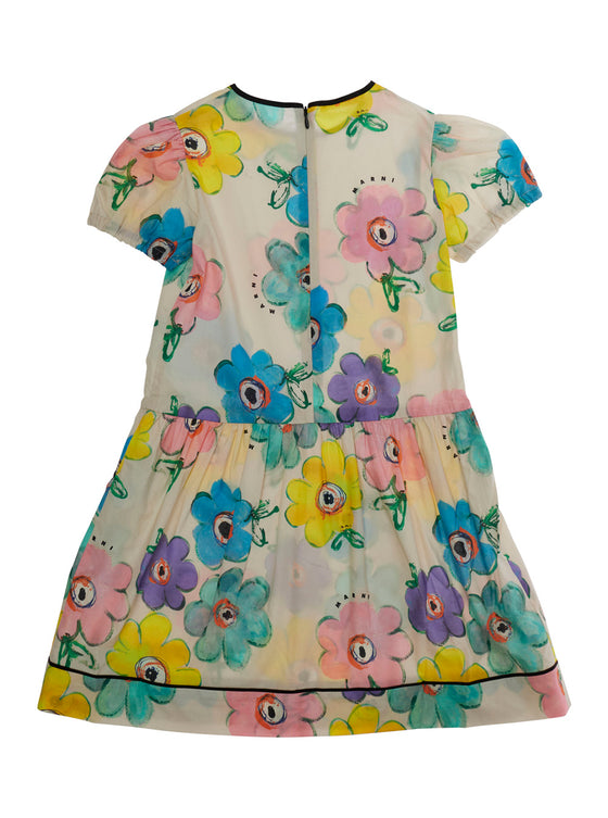 Round Neck Dress with All-Over Floral Print in Multicolor for Girls Cotton