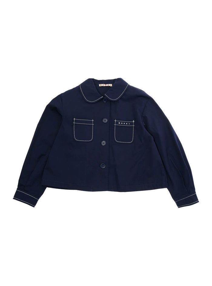 Classic Collar Jacket with Lettering Logo on Front in Blue Cotton for Girls Blu Blazers