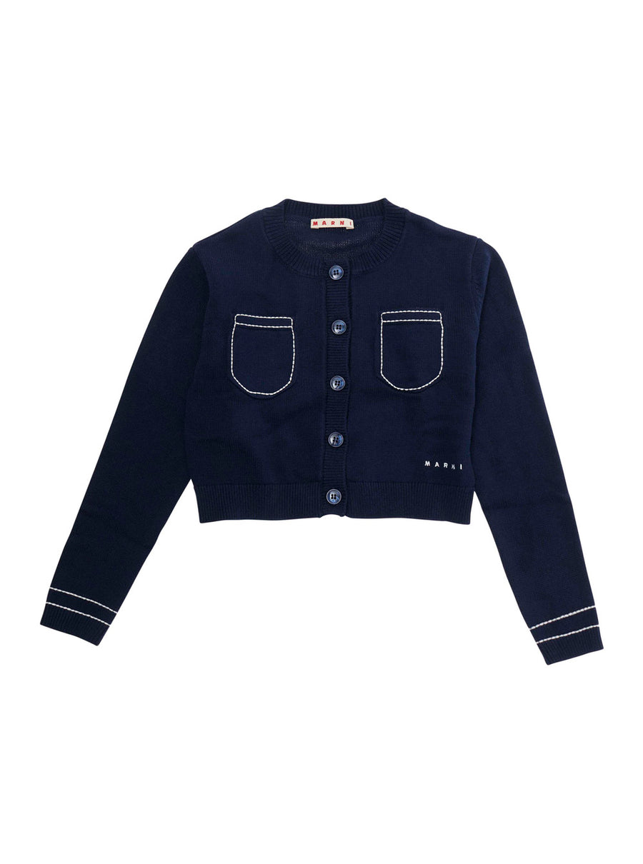Cardigan Crew-Neck Blue Cotton Tops