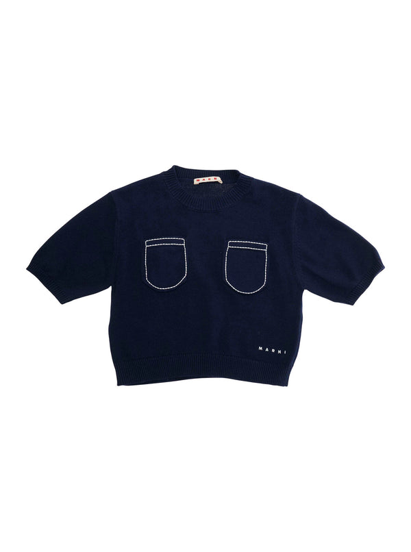 Crew Neck Sweater Blue Cotton Tops