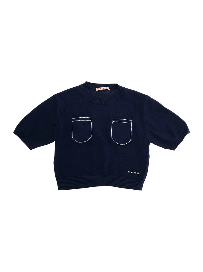 Crew Neck Sweater with Logo Lettering Embroidery on the Front in Blue for Girls Blu Cotton Jersey