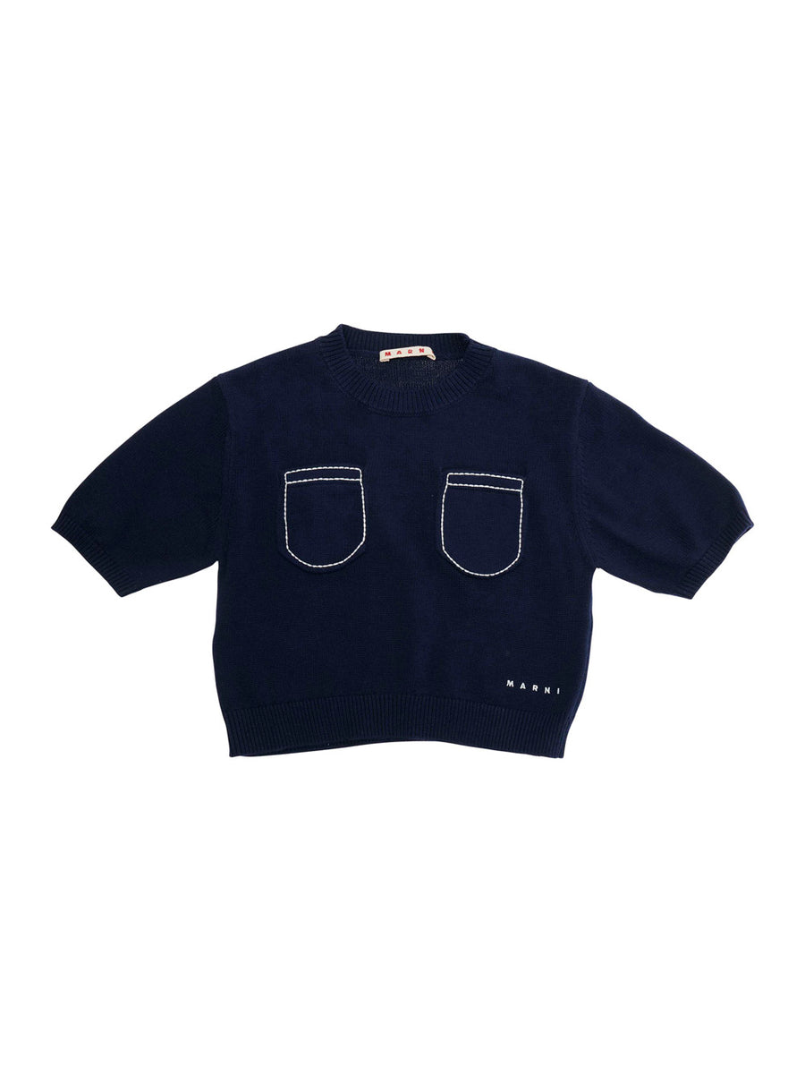 Crew Neck Sweater Blue Cotton Tops