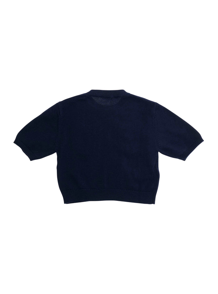 Crew Neck Sweater with Logo Lettering Embroidery on the Front in Blue for Girls Blu Cotton Jersey