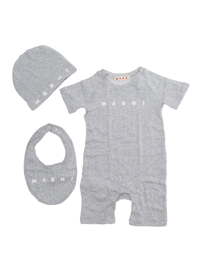 Baby Romper with Coordinated Hat and Bib Logo Lettering Print on the Front in Grey Cotton Suits