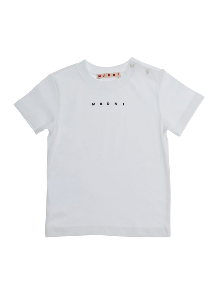 Crew Neck T-Shirt with Front Lettering Logo in Baby White Cotton Tshirts And Polo Shirts