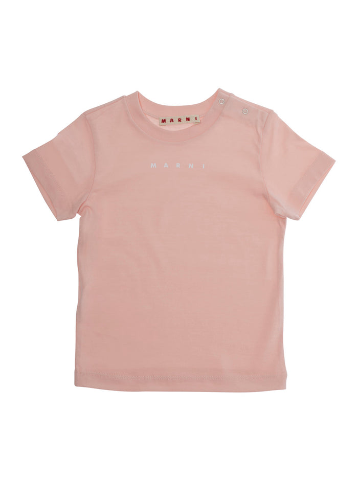 Crew Neck T-Shirt with Lettering Logo on the Front in Baby Pink Cotton Tshirts And Polo Shirts