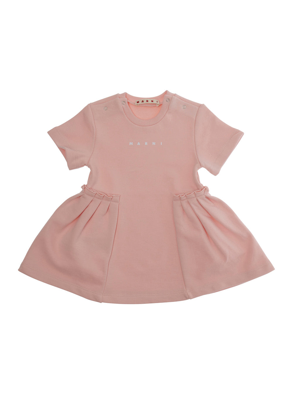 Crew Neck Dress with Logo Lettering on the Front and Balloon Skirt Baby Pink Cotton