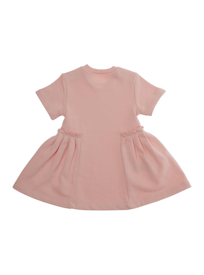 Crew Neck Dress with Logo Lettering on the Front and Balloon Skirt Baby Pink Cotton