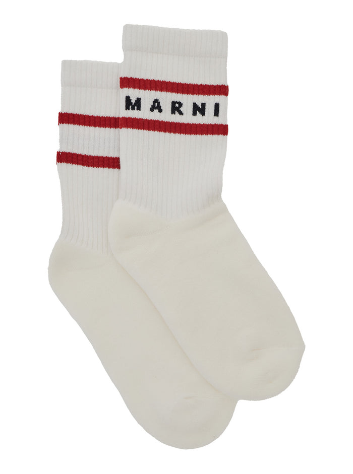 White Socks with Ribbed Design and Logo Lettering in Cotton Boy Elastane Underwear