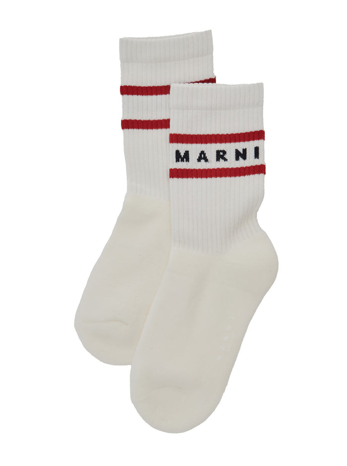 White Socks with Ribbed Design and Logo Lettering in Cotton Boy Elastane Underwear