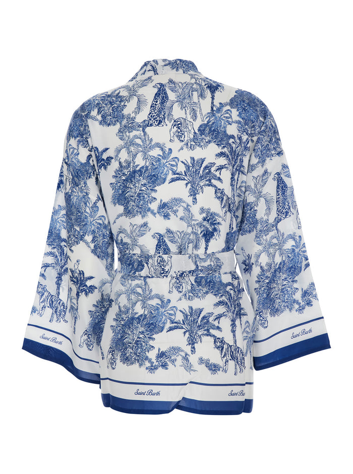Carly Scarf With Jungle Oceania Print Blue Silk For Women Blu Jersey