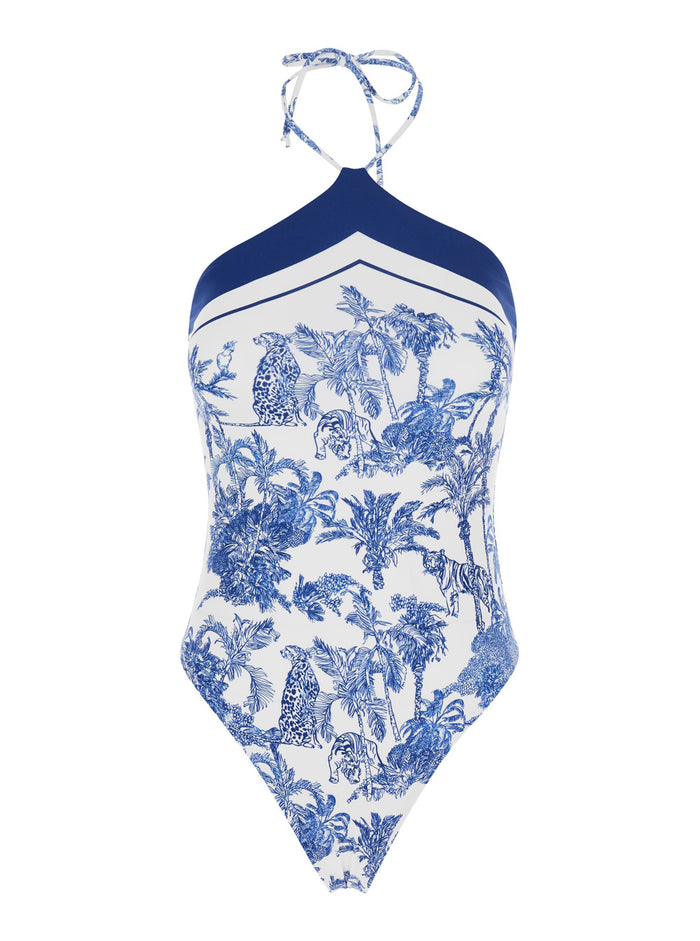 Meryem Blue One-Piece Swimsuit With Halterneck And Floral Motif All-Over Stretch Tech Fabric For Women Blu Polyamide Elastane Beachwear