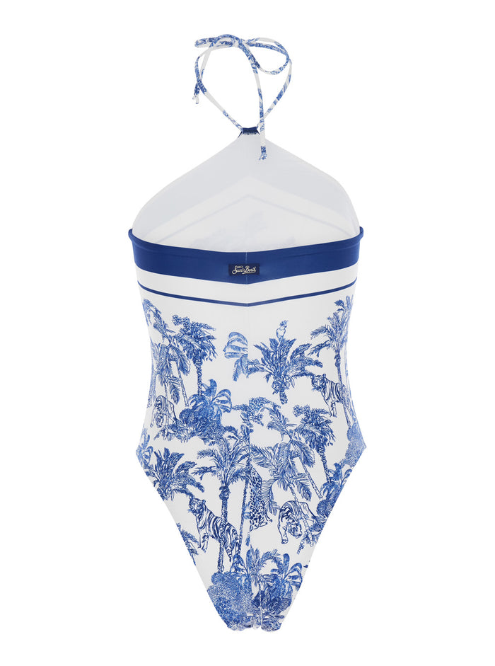 Meryem Blue One-Piece Swimsuit With Halterneck And Floral Motif All-Over Stretch Tech Fabric For Women Blu Polyamide Elastane Beachwear
