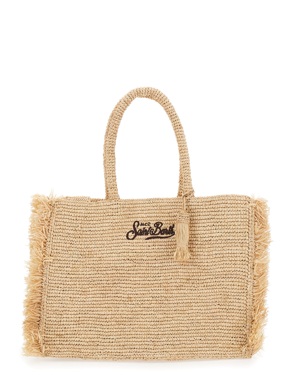 Vanity Beige Handbag With Fringed Edges And Logo On The Front Raffia Woman Hand Bags