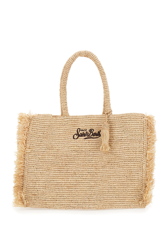 Vanity Beige Handbag With Fringed Edges And Logo On The Front Raffia Woman Hand Bags