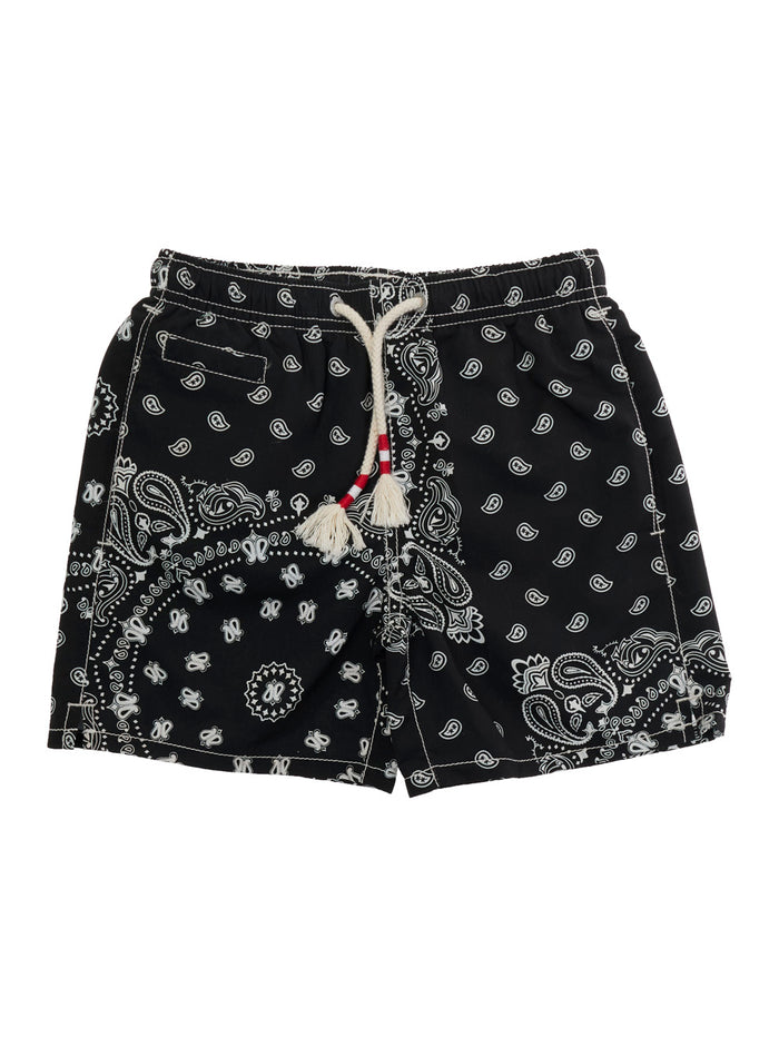 One-Piece Swimsuit CAPRESE JR with Colorful Print and Drawstring in Black Tech Fabric for Kids Beachwear