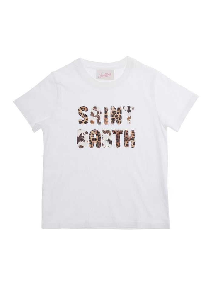 Elly White T-Shirt With Animalier Logo Patch On The Front Cotton Girl Tshirts And Polo Shirts