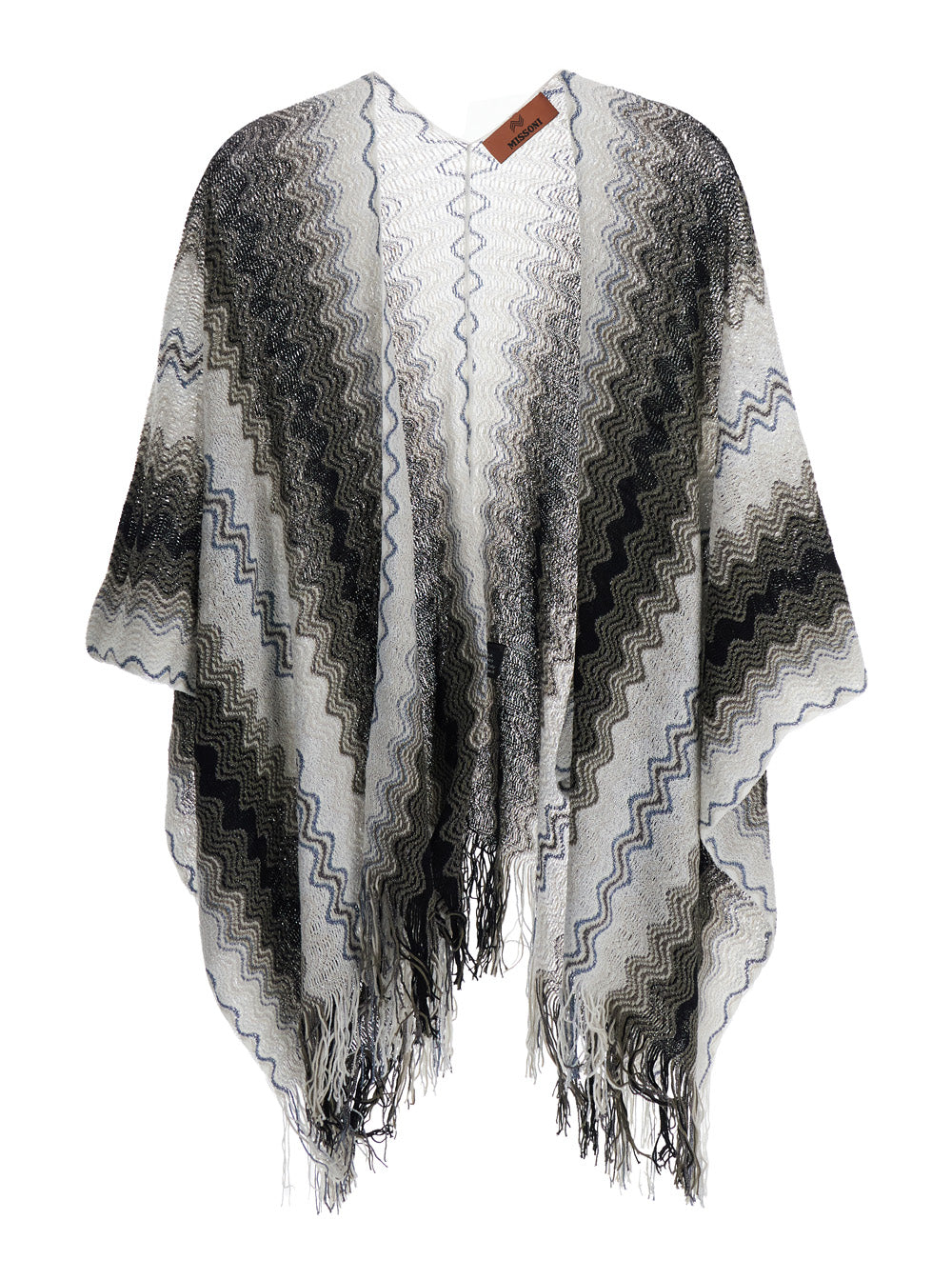 Cape With Frayed Hem And All-Over Zig-Zag Motif Black Cotton Blend For Women Viscose