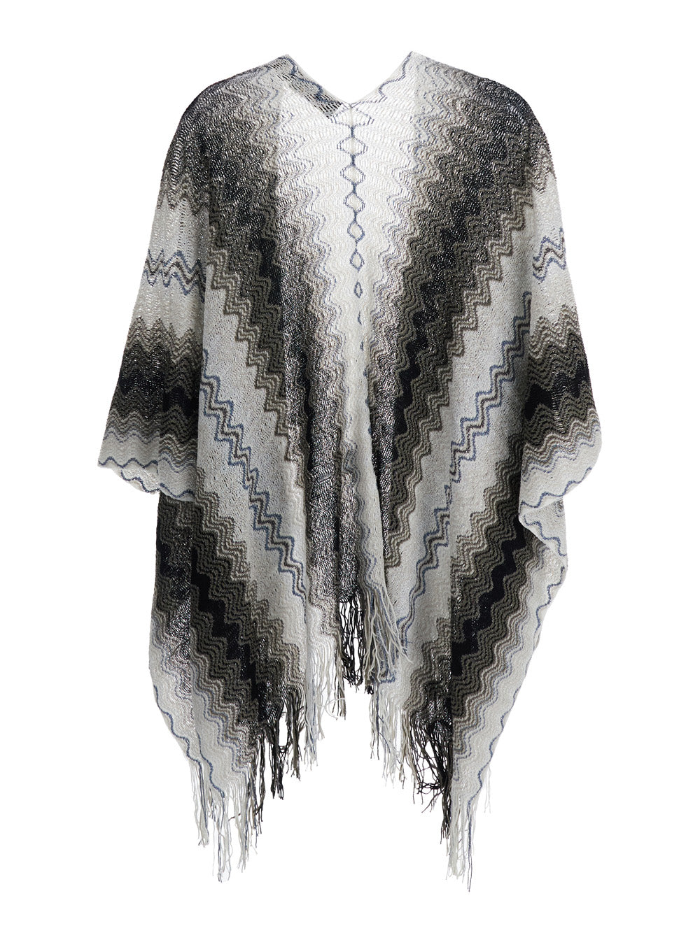 Cape With Frayed Hem And All-Over Zig-Zag Motif Black Cotton Blend For Women Viscose