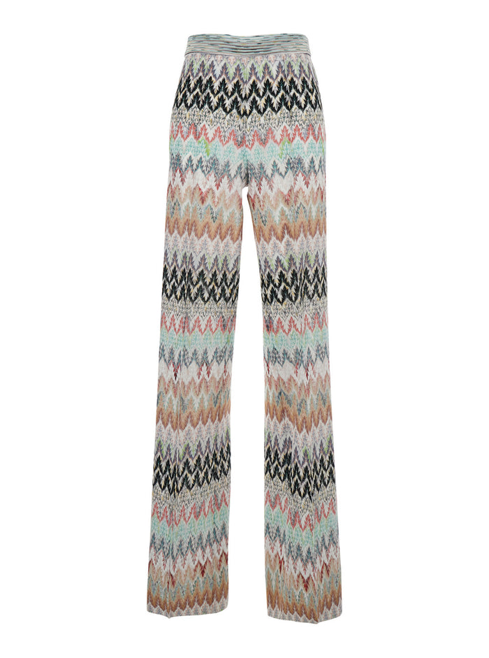 Pants with Elastic Waist and All-Over ZigZag Motif in Multicolor Stretch Viscose for Women Cotton Metallic Fiber Trousers