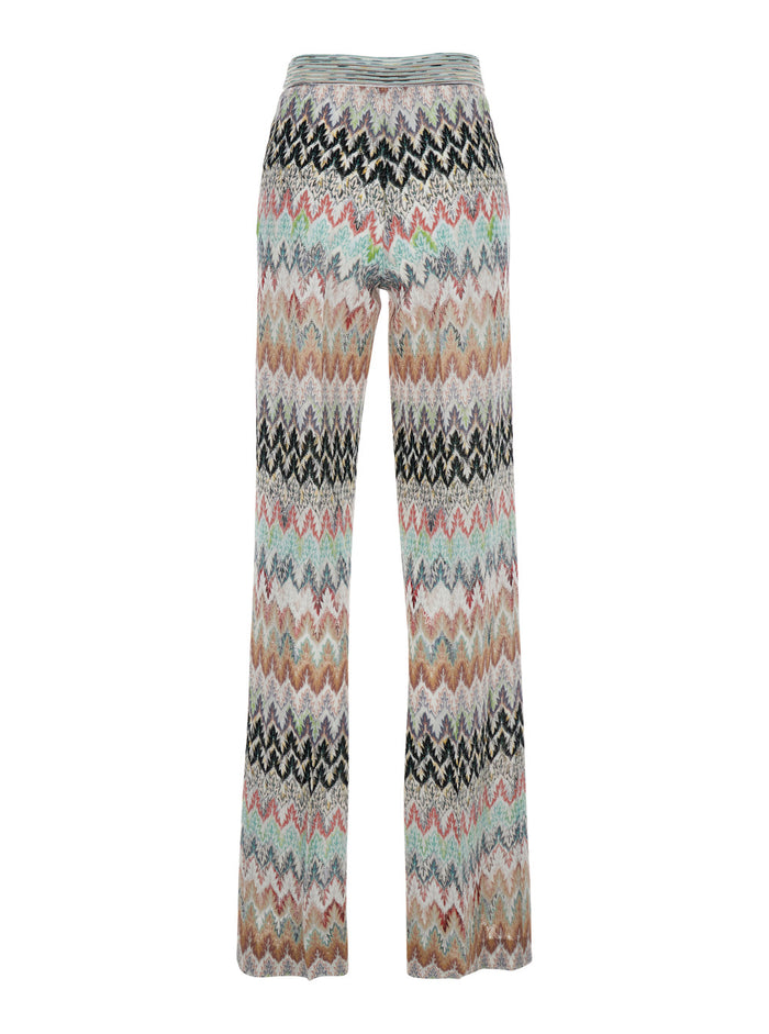 Pants with Elastic Waist and All-Over ZigZag Motif in Multicolor Stretch Viscose for Women Cotton Metallic Fiber Trousers