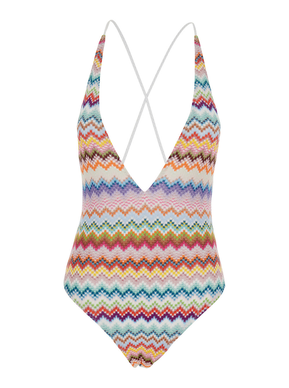 One-Piece Swimsuit Zig-Zag with V-Neck in Stretch Viscose Blend Multicolor Women Metallic Fiber Beachwear