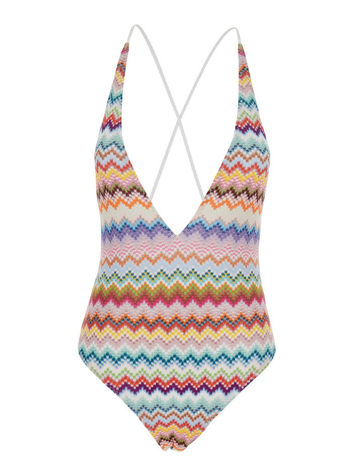 One-Piece Swimsuit Zig-Zag with V-Neck in Stretch Viscose Blend Multicolor Women Metallic Fiber Beachwear