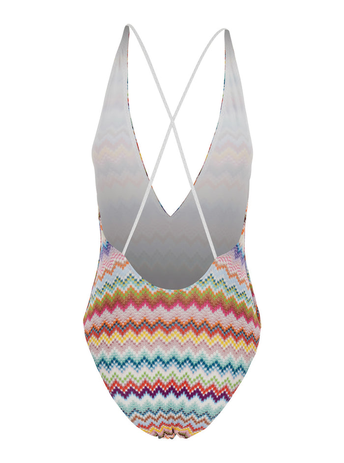 One-Piece Swimsuit Zig-Zag with V-Neck in Stretch Viscose Blend Multicolor Women Metallic Fiber Beachwear