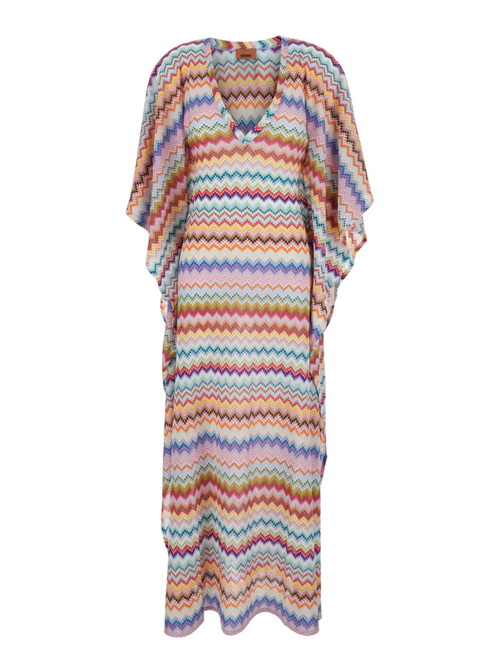 Zig Zag Caftan with Wide V-Neck and All-Over Lamé Viscose Multicolor for Women Metallic Fiber Beachwear