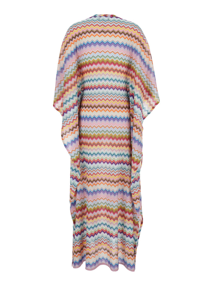 Zig Zag Caftan with Wide V-Neck and All-Over Lamé Viscose Multicolor for Women Metallic Fiber Beachwear