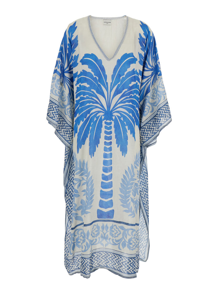 RHODA CAFTAN Blue with V-Neck and Long Sleeves in Modal for Women Blu Beachwear
