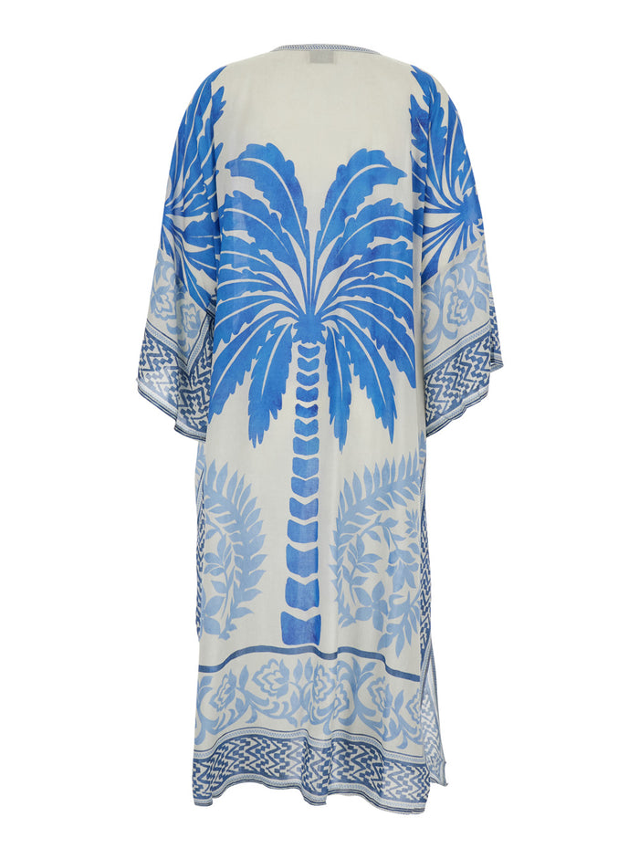 RHODA CAFTAN Blue with V-Neck and Long Sleeves in Modal for Women Blu Beachwear