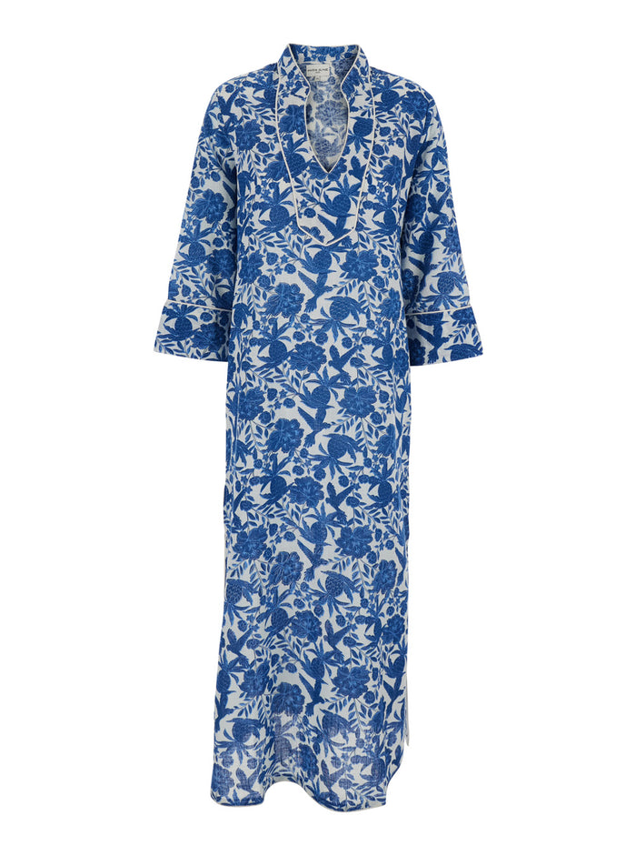 DRESS HOLLI Blue Kaftan with Embroidered Cotton Details for Women Blu Beachwear
