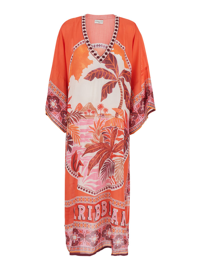 CAFTAN KEIRA - Dress with V-Neck and Long Sleeves in Red Modal for Women Beachwear