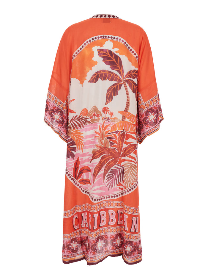 CAFTAN KEIRA - Dress with V-Neck and Long Sleeves in Red Modal for Women Beachwear