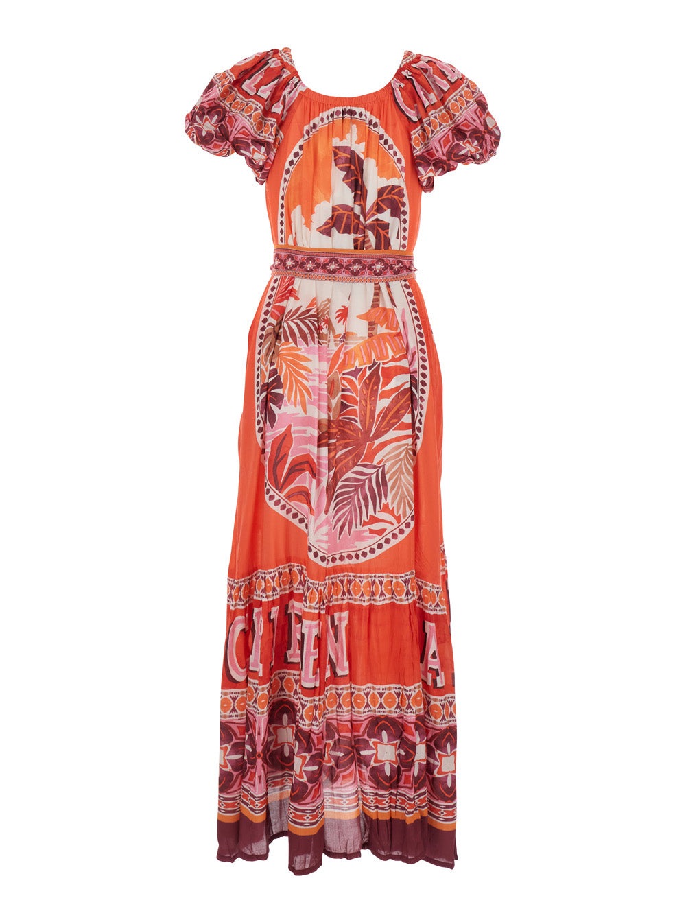Long Dress PEONY with V-Neck and Short Sleeves in Red Modal for Women