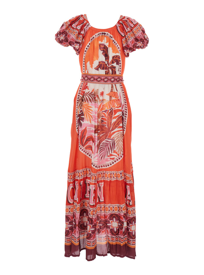 Long Dress PEONY with V-Neck and Short Sleeves in Red Modal for Women