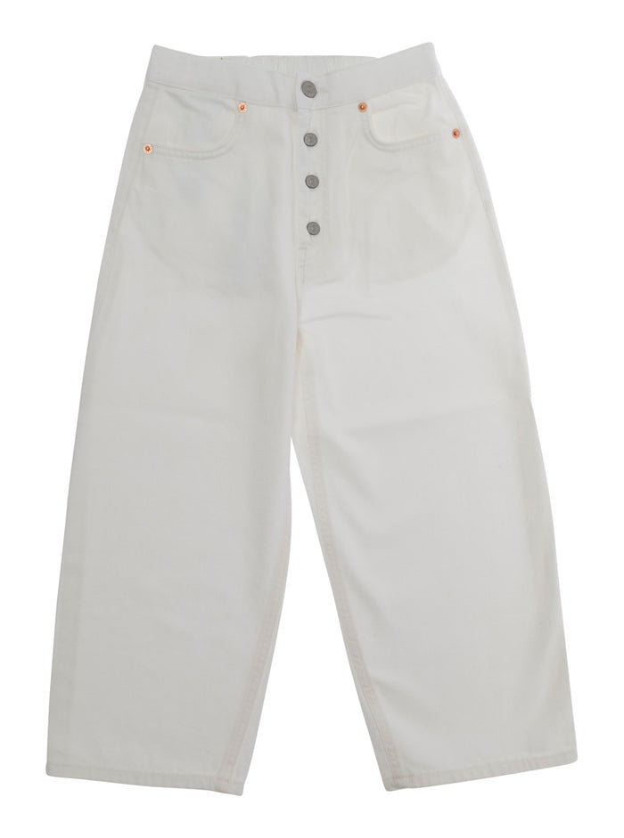 White Cotton Pants with Elasticized Back Waist and Logo Patch on the for Kids Trousers