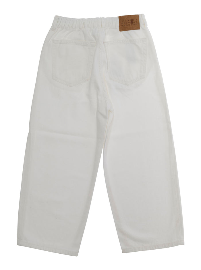 White Cotton Pants with Elasticized Back Waist and Logo Patch on the for Kids Trousers
