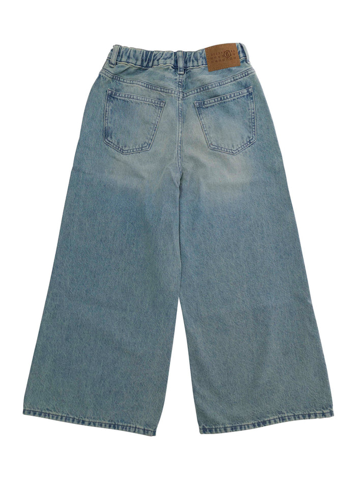 Light Blue Jeans With Front Knot Closure And Faded Denim Design For Kids