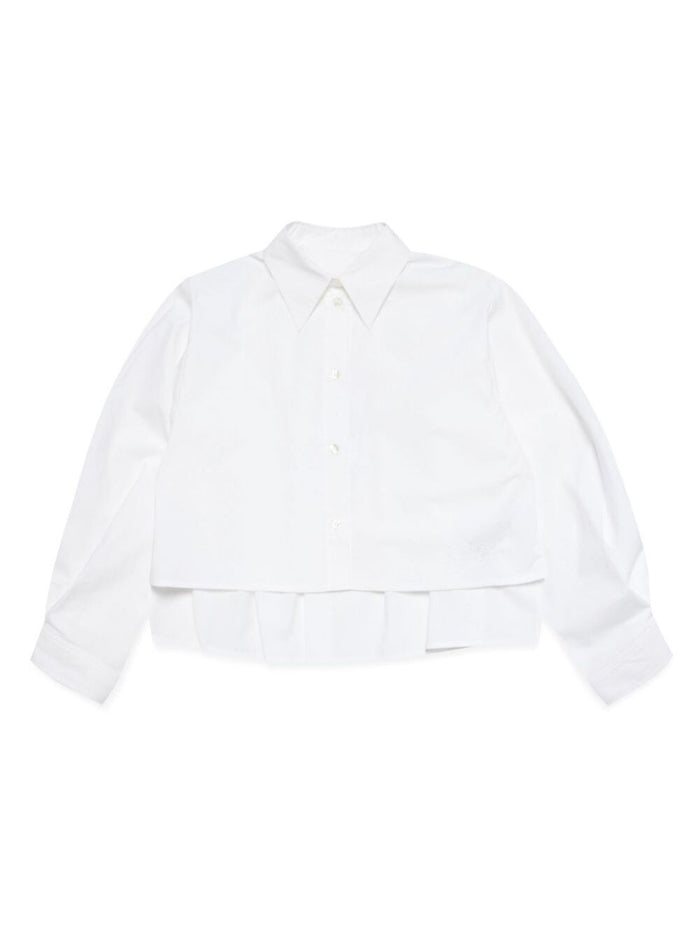 White Cotton Shirt with Classic Collar and Tone-on-Tone Patch for Kids Blouses