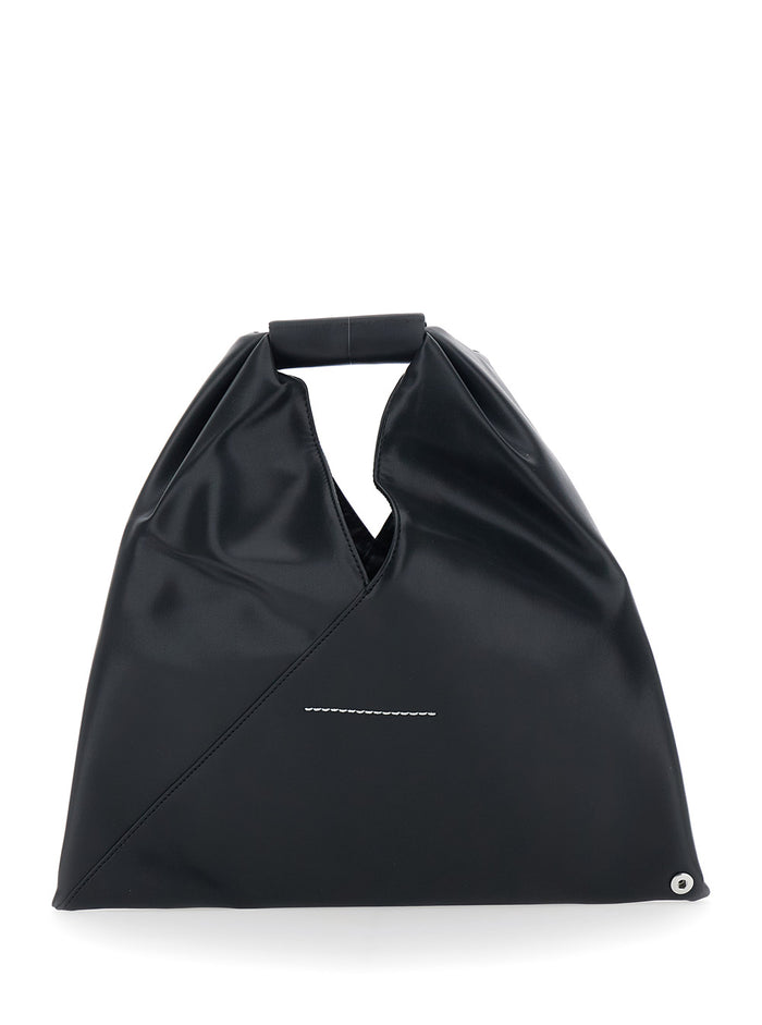 Handbag with Triangular Silhouette and Numeric Logo Detail on Black Leather Handle for Girls Hand Bags