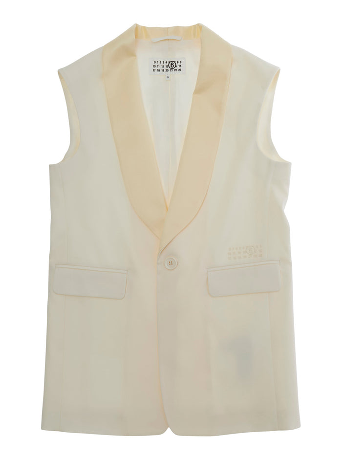 Single-breasted Sleeveless Jacket with V-neck and Logo Patch on the Front in Wool Blend Beige for Kids Polyester Elastane Blazers
