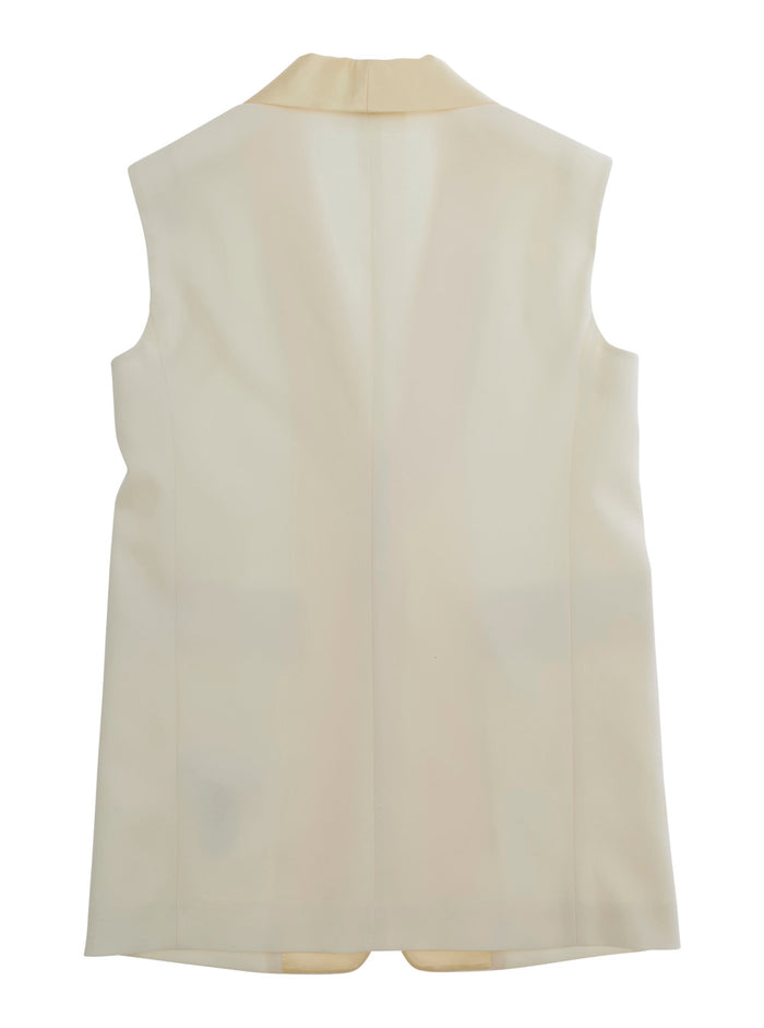 Single-breasted Sleeveless Jacket with V-neck and Logo Patch on the Front in Wool Blend Beige for Kids Polyester Elastane Blazers