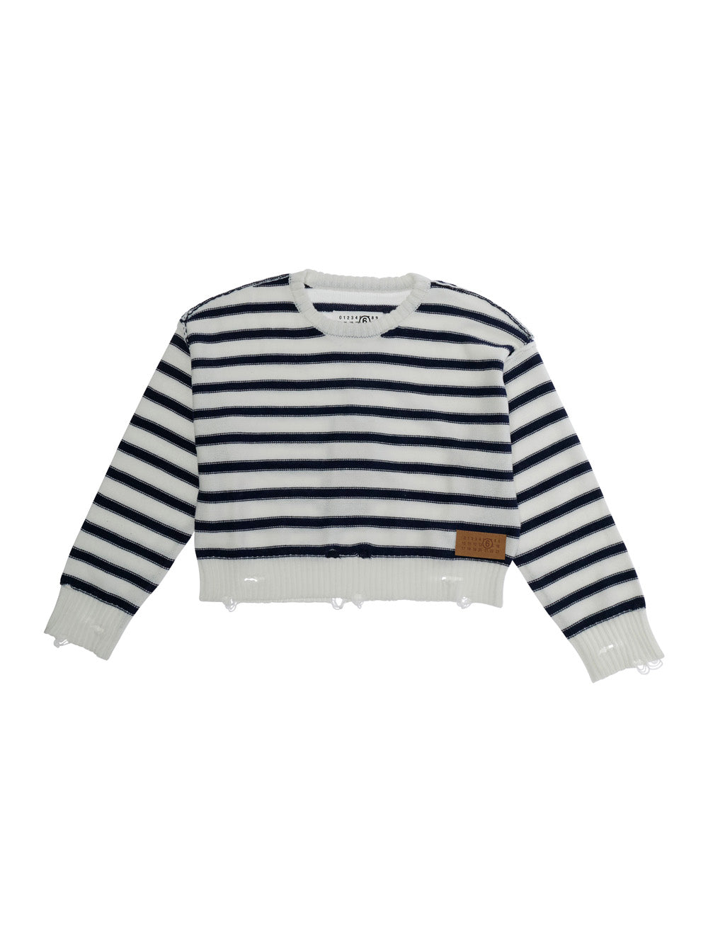 Crew Neck Sweater Mm6 With Logo Patch On The Front And All-Over Striped Motif Wool Blend White Kids Cotton Jersey