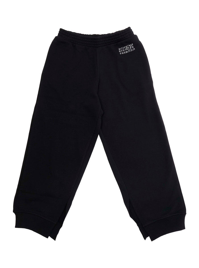Black Cotton Pants with Elastic Waist and Numeric Logo for Kids Trousers