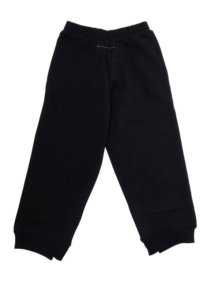 Black Cotton Pants with Elastic Waist and Numeric Logo for Kids Trousers